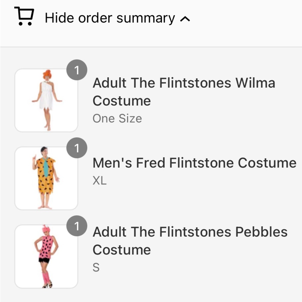 Flintstone family costumes Fred XL ,Wilma ONE SIZE, Pebbles SMALL, and BamBam 2T